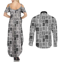 Vintage Aloha Block Quilt Couples Matching Summer Maxi Dress and Long Sleeve Button Shirt Black Inspired Lei Motifs - Polynesian Pride