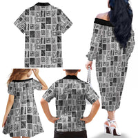 Vintage Aloha Block Quilt Family Matching Off The Shoulder Long Sleeve Dress and Hawaiian Shirt Black Inspired Lei Motifs - Polynesian Pride