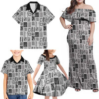 Vintage Aloha Block Quilt Family Matching Off Shoulder Maxi Dress and Hawaiian Shirt Black Inspired Lei Motifs LT9 - Polynesian Pride
