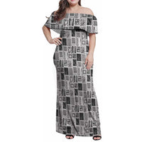Vintage Aloha Block Quilt Family Matching Off Shoulder Maxi Dress and Hawaiian Shirt Black Inspired Lei Motifs LT9 Mom's Dress Black - Polynesian Pride