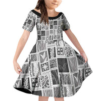 Vintage Aloha Block Quilt Family Matching Off Shoulder Short Dress and Hawaiian Shirt Black Inspired Lei Motifs LT9 Daughter's Dress Black - Polynesian Pride