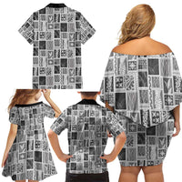 Vintage Aloha Block Quilt Family Matching Off Shoulder Short Dress and Hawaiian Shirt Black Inspired Lei Motifs - Polynesian Pride