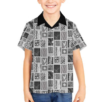 Vintage Aloha Block Quilt Family Matching Off Shoulder Short Dress and Hawaiian Shirt Black Inspired Lei Motifs LT9 Son's Shirt Black - Polynesian Pride