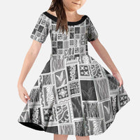 Vintage Aloha Block Quilt Family Matching Summer Maxi Dress and Hawaiian Shirt Black Inspired Lei Motifs - Polynesian Pride