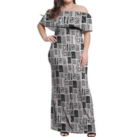Vintage Aloha Block Quilt Off Shoulder Maxi Dress Black Inspired Lei Motifs - Polynesian Pride