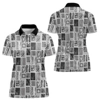 Vintage Aloha Block Quilt Women Polo Shirt Black Inspired Lei Motifs - Polynesian Pride