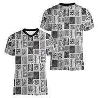 Vintage Aloha Block Quilt Women V-Neck T-Shirt Black Inspired Lei Motifs - Polynesian Pride