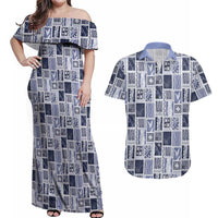 Vintage Aloha Block Quilt Couples Matching Off Shoulder Maxi Dress and Hawaiian Shirt Blue Inspired Lei Motifs LT9 Blue - Polynesian Pride