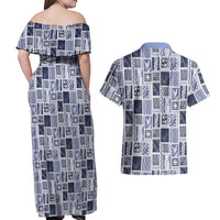 Vintage Aloha Block Quilt Couples Matching Off Shoulder Maxi Dress and Hawaiian Shirt Blue Inspired Lei Motifs LT9 - Polynesian Pride