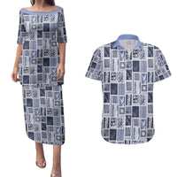 Vintage Aloha Block Quilt Couples Matching Puletasi and Hawaiian Shirt Blue Inspired Lei Motifs - Polynesian Pride