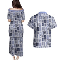 Vintage Aloha Block Quilt Couples Matching Puletasi and Hawaiian Shirt Blue Inspired Lei Motifs - Polynesian Pride