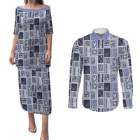 Vintage Aloha Block Quilt Couples Matching Puletasi and Long Sleeve Button Shirt Blue Inspired Lei Motifs - Polynesian Pride