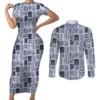 Vintage Aloha Block Quilt Couples Matching Short Sleeve Bodycon Dress and Long Sleeve Button Shirt Blue Inspired Lei Motifs LT9 Blue - Polynesian Pride