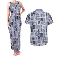 Vintage Aloha Block Quilt Couples Matching Tank Maxi Dress and Hawaiian Shirt Blue Inspired Lei Motifs LT9 Blue - Polynesian Pride