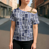 Vintage Aloha Block Quilt Cross Shoulder Shirt Blue Inspired Lei Motifs - Polynesian Pride