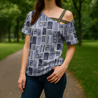 Vintage Aloha Block Quilt Cross Shoulder Shirt Blue Inspired Lei Motifs - Polynesian Pride