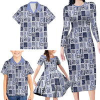 Vintage Aloha Block Quilt Family Matching Long Sleeve Bodycon Dress and Hawaiian Shirt Blue Inspired Lei Motifs LT9 - Polynesian Pride