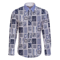 Vintage Aloha Block Quilt Family Matching Long Sleeve Bodycon Dress and Hawaiian Shirt Blue Inspired Lei Motifs LT9 Dad's Shirt - Long Sleeve Blue - Polynesian Pride