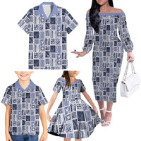 Vintage Aloha Block Quilt Family Matching Off The Shoulder Long Sleeve Dress and Hawaiian Shirt Blue Inspired Lei Motifs LT9 - Polynesian Pride