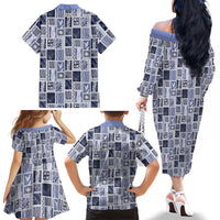 Vintage Aloha Block Quilt Family Matching Off The Shoulder Long Sleeve Dress and Hawaiian Shirt Blue Inspired Lei Motifs LT9 - Polynesian Pride