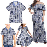 Vintage Aloha Block Quilt Family Matching Off Shoulder Maxi Dress and Hawaiian Shirt Blue Inspired Lei Motifs - Polynesian Pride