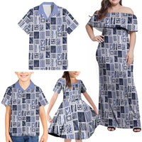 Vintage Aloha Block Quilt Family Matching Off Shoulder Maxi Dress and Hawaiian Shirt Blue Inspired Lei Motifs LT9 - Polynesian Pride