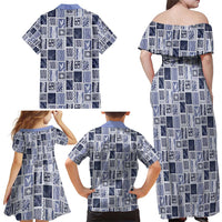 Vintage Aloha Block Quilt Family Matching Off Shoulder Maxi Dress and Hawaiian Shirt Blue Inspired Lei Motifs - Polynesian Pride