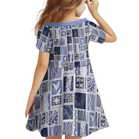 Vintage Aloha Block Quilt Family Matching Off Shoulder Short Dress and Hawaiian Shirt Blue Inspired Lei Motifs LT9 - Polynesian Pride