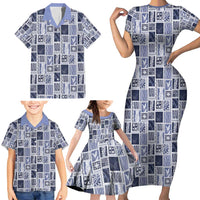 Vintage Aloha Block Quilt Family Matching Short Sleeve Bodycon Dress and Hawaiian Shirt Blue Inspired Lei Motifs - Polynesian Pride