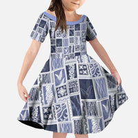 Vintage Aloha Block Quilt Family Matching Summer Maxi Dress and Hawaiian Shirt Blue Inspired Lei Motifs LT9 Daughter's Dress Blue - Polynesian Pride
