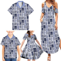 Vintage Aloha Block Quilt Family Matching Summer Maxi Dress and Hawaiian Shirt Blue Inspired Lei Motifs - Polynesian Pride