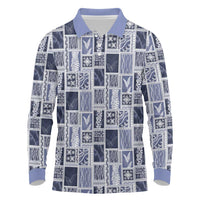 Vintage Aloha Block Quilt Long Sleeve Polo Shirt Blue Inspired Lei Motifs - Polynesian Pride