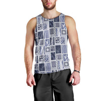 Vintage Aloha Block Quilt Men Tank Top Blue Inspired Lei Motifs - Polynesian Pride