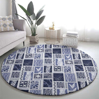 Vintage Aloha Block Quilt Round Carpet Blue Inspired Lei Motifs - Polynesian Pride