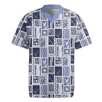 Vintage Aloha Block Quilt Rugby Jersey Blue Inspired Lei Motifs LT9 Blue - Polynesian Pride