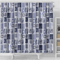 Vintage Aloha Block Quilt Shower Curtain Blue Inspired Lei Motifs - Polynesian Pride