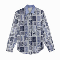 Vintage Aloha Block Quilt Women Casual Shirt Blue Inspired Lei Motifs - Polynesian Pride