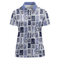 Vintage Aloha Block Quilt Women Polo Shirt Blue Inspired Lei Motifs - Polynesian Pride