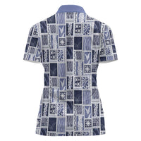 Vintage Aloha Block Quilt Women Polo Shirt Blue Inspired Lei Motifs - Polynesian Pride