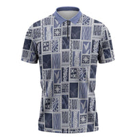 Vintage Aloha Block Quilt Zipper Polo Shirt Blue Inspired Lei Motifs - Polynesian Pride