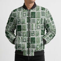 Vintage Aloha Block Quilt Bomber Puffer Jacket Green Inspired Lei Motifs - Polynesian Pride