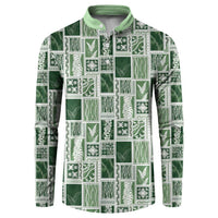 Vintage Aloha Block Quilt Button Sweatshirt Green Inspired Lei Motifs - Polynesian Pride