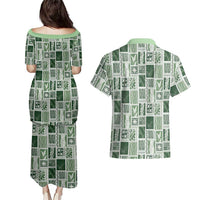 Vintage Aloha Block Quilt Couples Matching Puletasi and Hawaiian Shirt Green Inspired Lei Motifs - Polynesian Pride