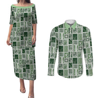 Vintage Aloha Block Quilt Couples Matching Puletasi and Long Sleeve Button Shirt Green Inspired Lei Motifs - Polynesian Pride