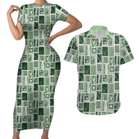 Vintage Aloha Block Quilt Couples Matching Short Sleeve Bodycon Dress and Hawaiian Shirt Green Inspired Lei Motifs LT9 Green - Polynesian Pride