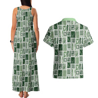 Vintage Aloha Block Quilt Couples Matching Tank Maxi Dress and Hawaiian Shirt Green Inspired Lei Motifs LT9 - Polynesian Pride