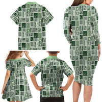 Vintage Aloha Block Quilt Family Matching Long Sleeve Bodycon Dress and Hawaiian Shirt Green Inspired Lei Motifs LT9 - Polynesian Pride