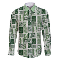 Vintage Aloha Block Quilt Family Matching Long Sleeve Bodycon Dress and Hawaiian Shirt Green Inspired Lei Motifs - Polynesian Pride