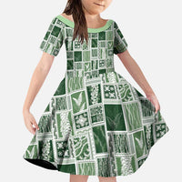 Vintage Aloha Block Quilt Family Matching Off The Shoulder Long Sleeve Dress and Hawaiian Shirt Green Inspired Lei Motifs LT9 Daughter's Dress Green - Polynesian Pride