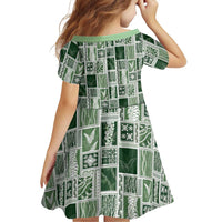 Vintage Aloha Block Quilt Family Matching Off The Shoulder Long Sleeve Dress and Hawaiian Shirt Green Inspired Lei Motifs LT9 - Polynesian Pride
